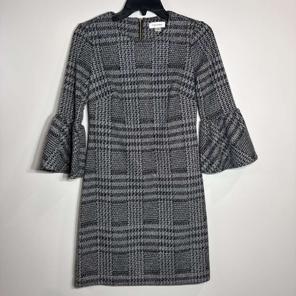CALVIN KLEIN Gray 3/4 Bell Sleeve Houndstooth‎ Dress Knee Length Women Size 2